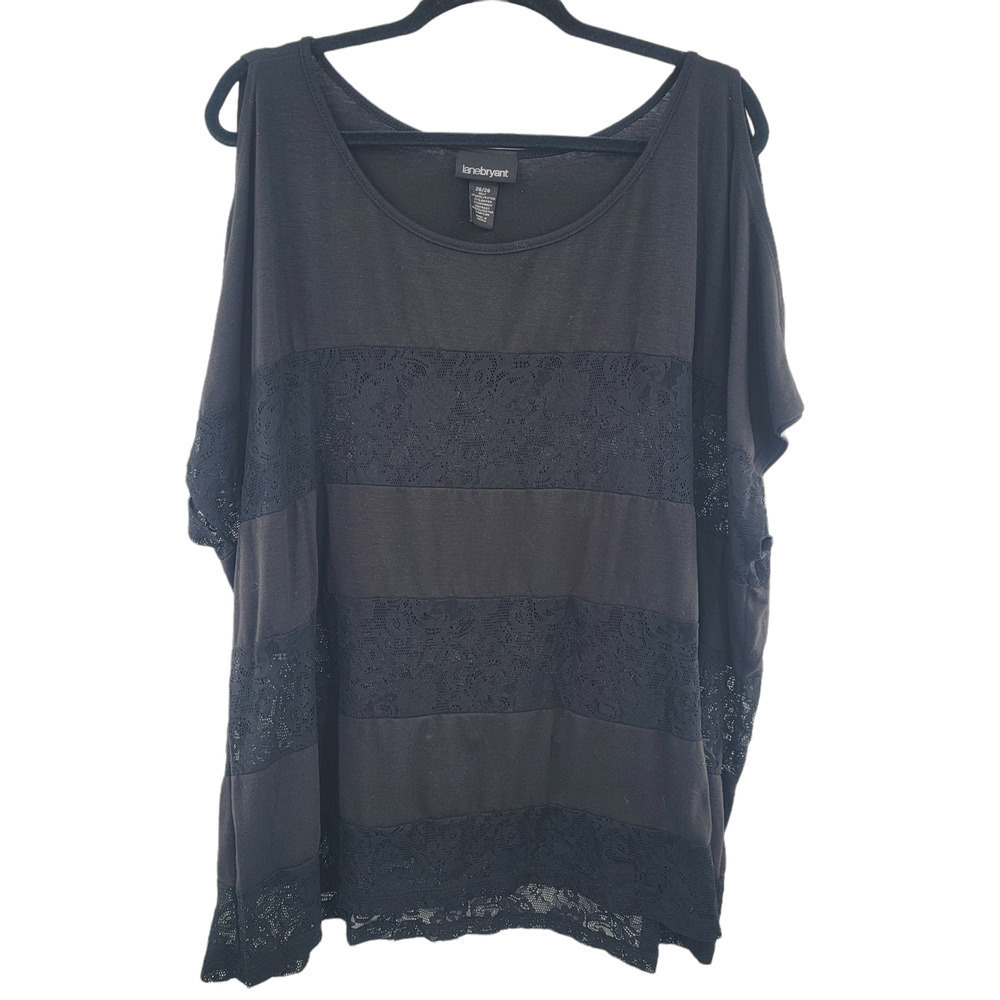 LANE Bryant Black Cold Shoulder Lace Knit Tee Size 26/28 PLUS Short Sleeve